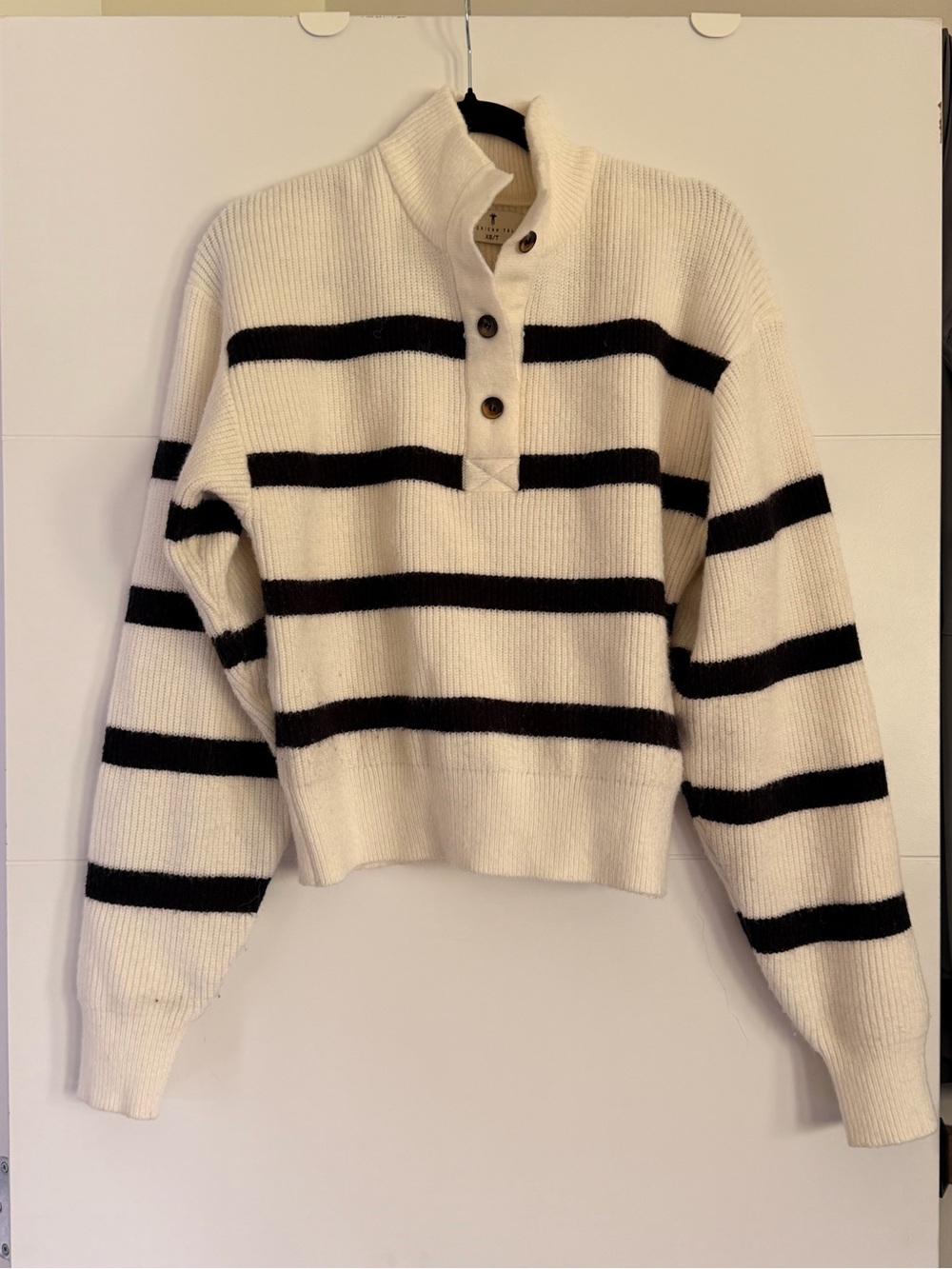 Striped Mock-Neck Button Pullover Sweater - White/Black XS TALL